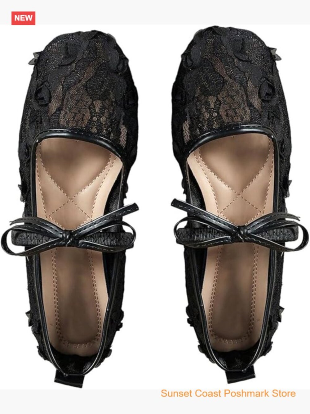 Floral Lace Mesh Ballet Flats Comfortable Dressy Square Closed Toe Bow Dress